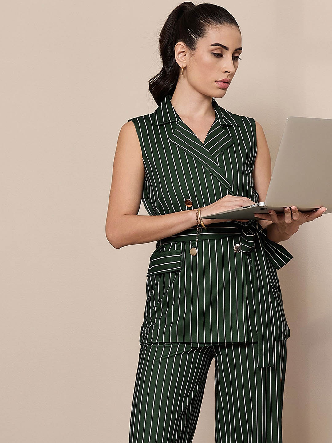 

SASSAFRAS worklyf Vertical Striped Sleeveless Double Breasted Front Tie Up Blazer, Green