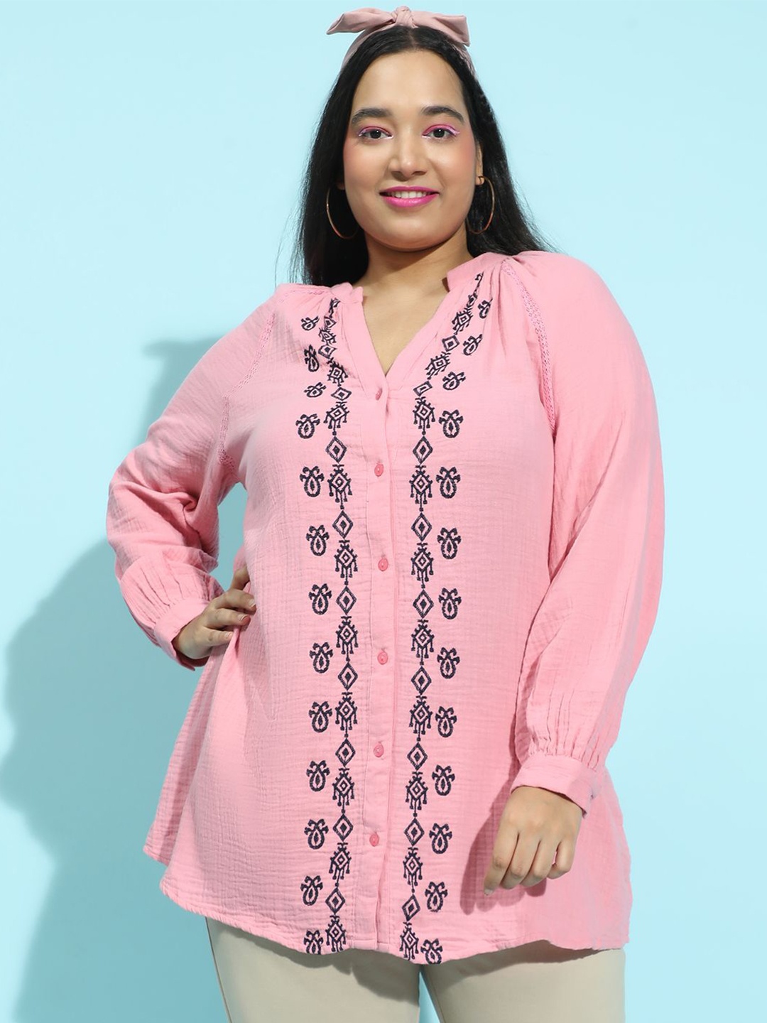 

Oxolloxo Women Plus Size Embroidered V- Neck Long Sleeve Button Down Cotton Tunic, Pink