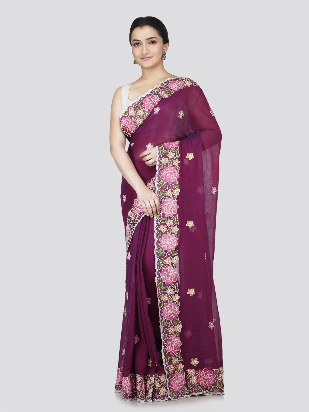 

PinkLoom Floral Embroidered Pure Cotton Saree, Magenta