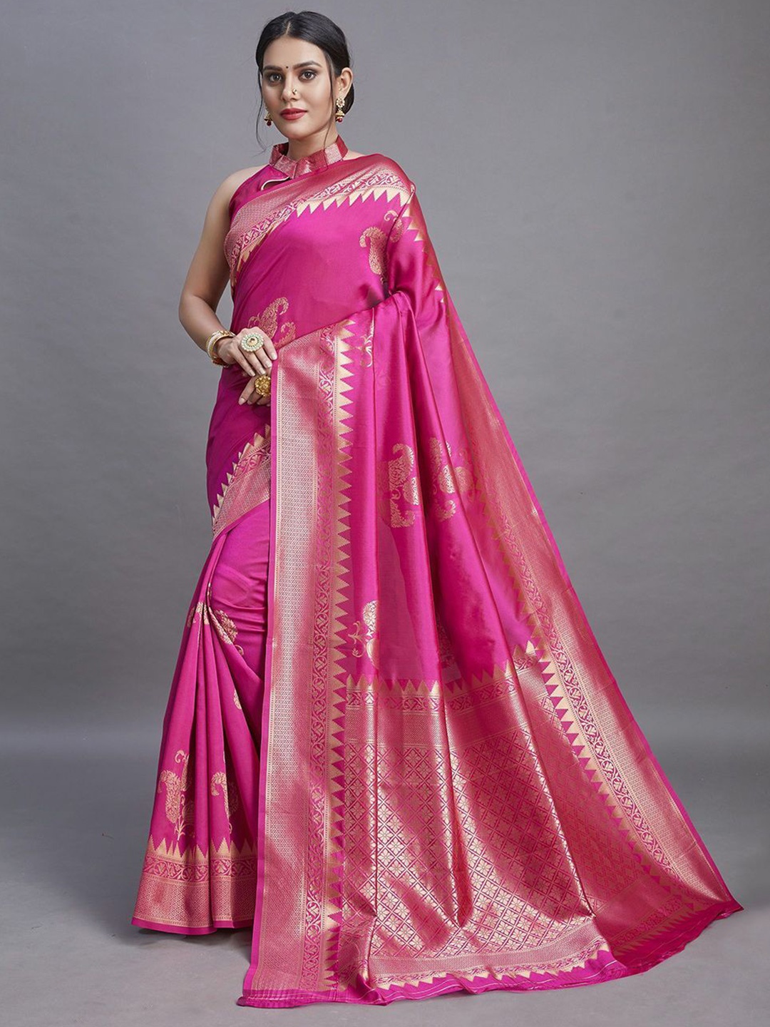 

LEAFFEB Paisley Zari Pure Silk Banarasi Saree, Pink