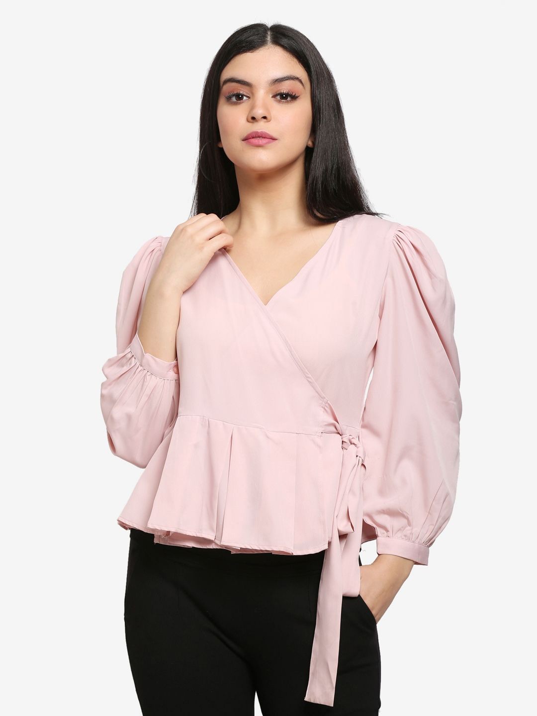 

PRETTY LOVING THING Puff Sleeve Crepe Wrap Top, Pink