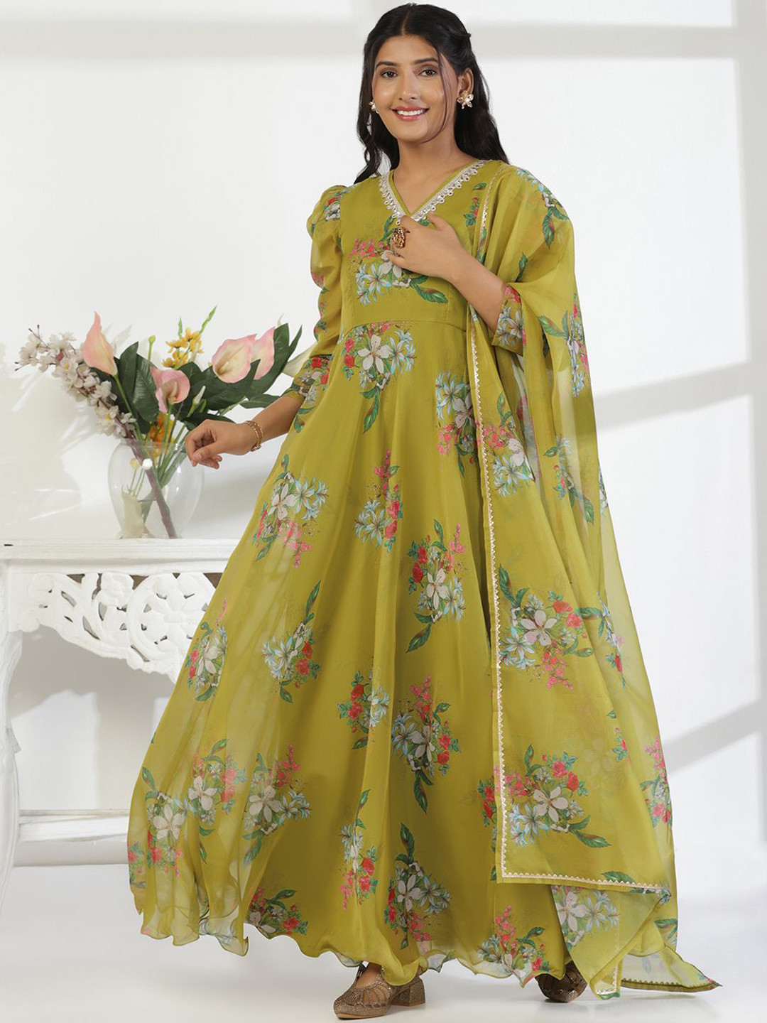 

BAESD Floral Printed Maxi Ethnic Dress With Dupatta, Green