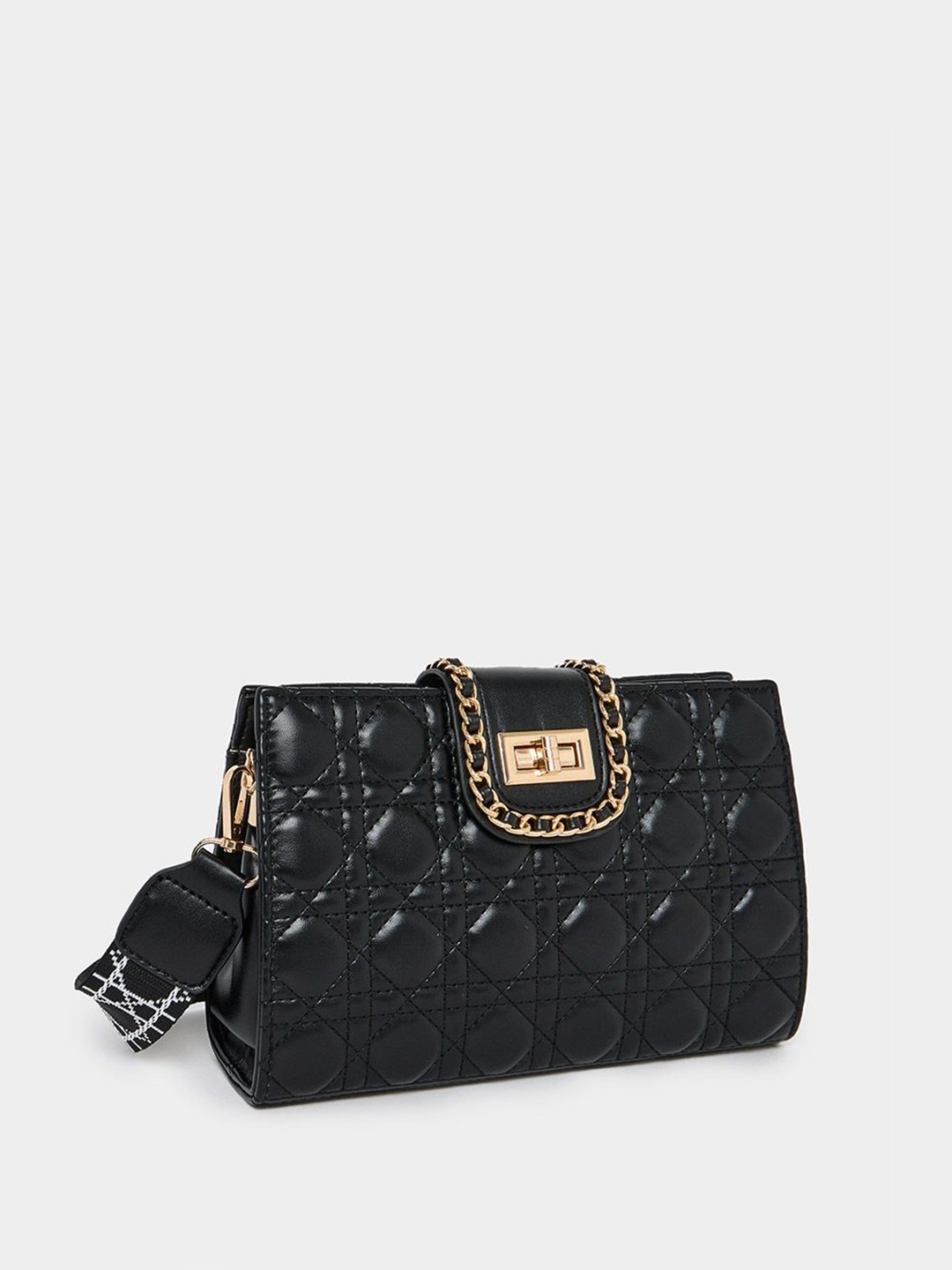 

Women Quilted Buckle Embellished Hand Bag, Black