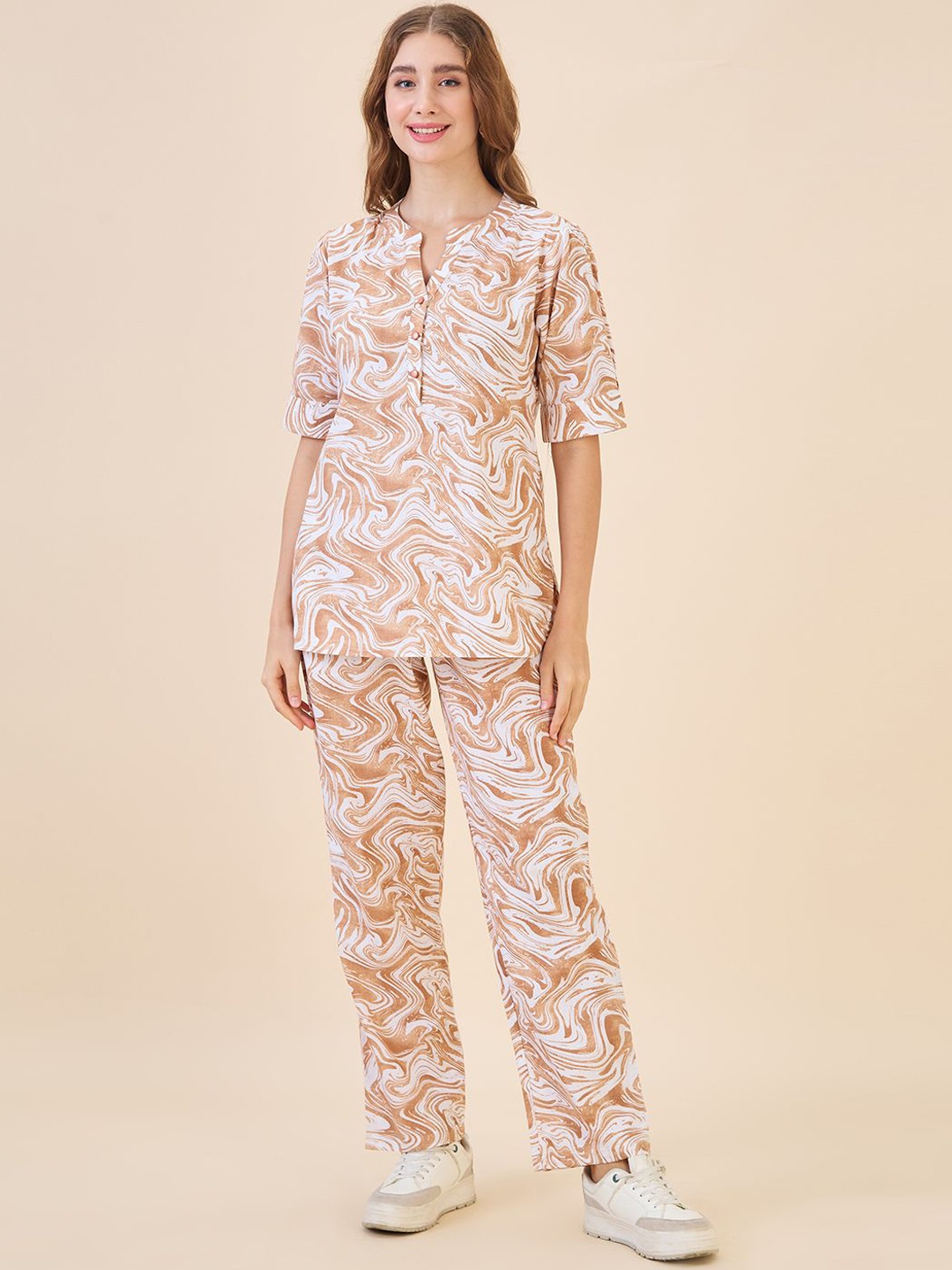

AV2 Abstract Printed Pure Cotton Tunic With Trousers, Beige