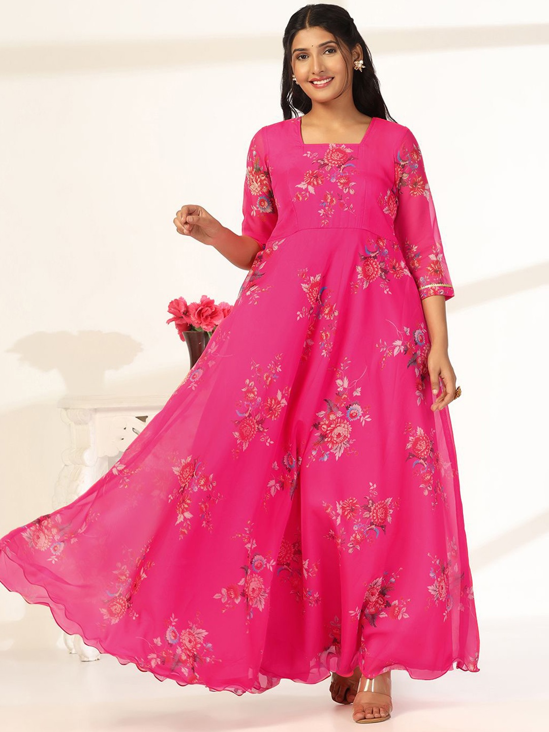 

BAESD Floral Printed Maxi Ethnic Dress With Dupatta, Pink