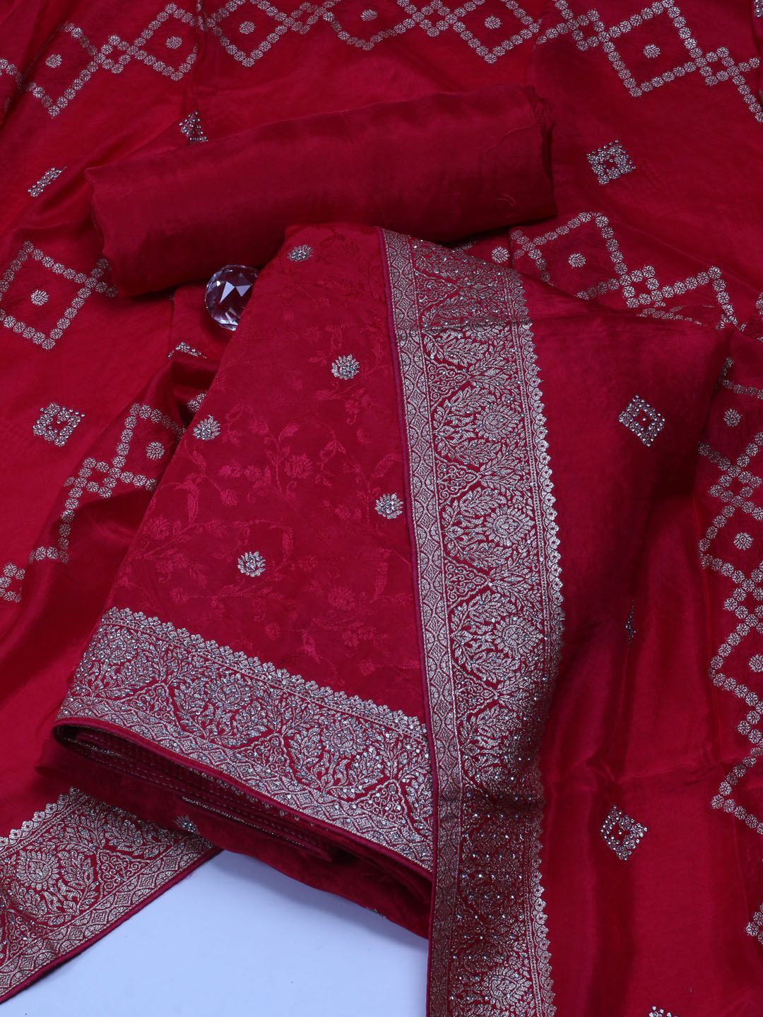 

Meena Bazaar Floral Woven Design Zari Unstitched Dress Material, Pink