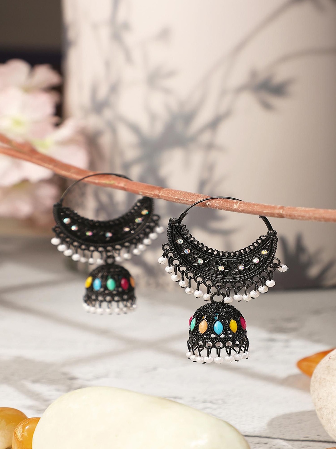 

Sangria Beaded German Silver Antique Jhumkas, Black