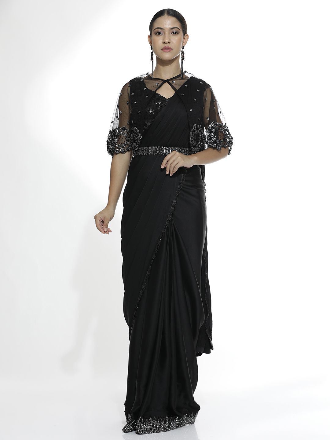 

Jaipur Kurti Sequinned Poly Crepe Saree, Black