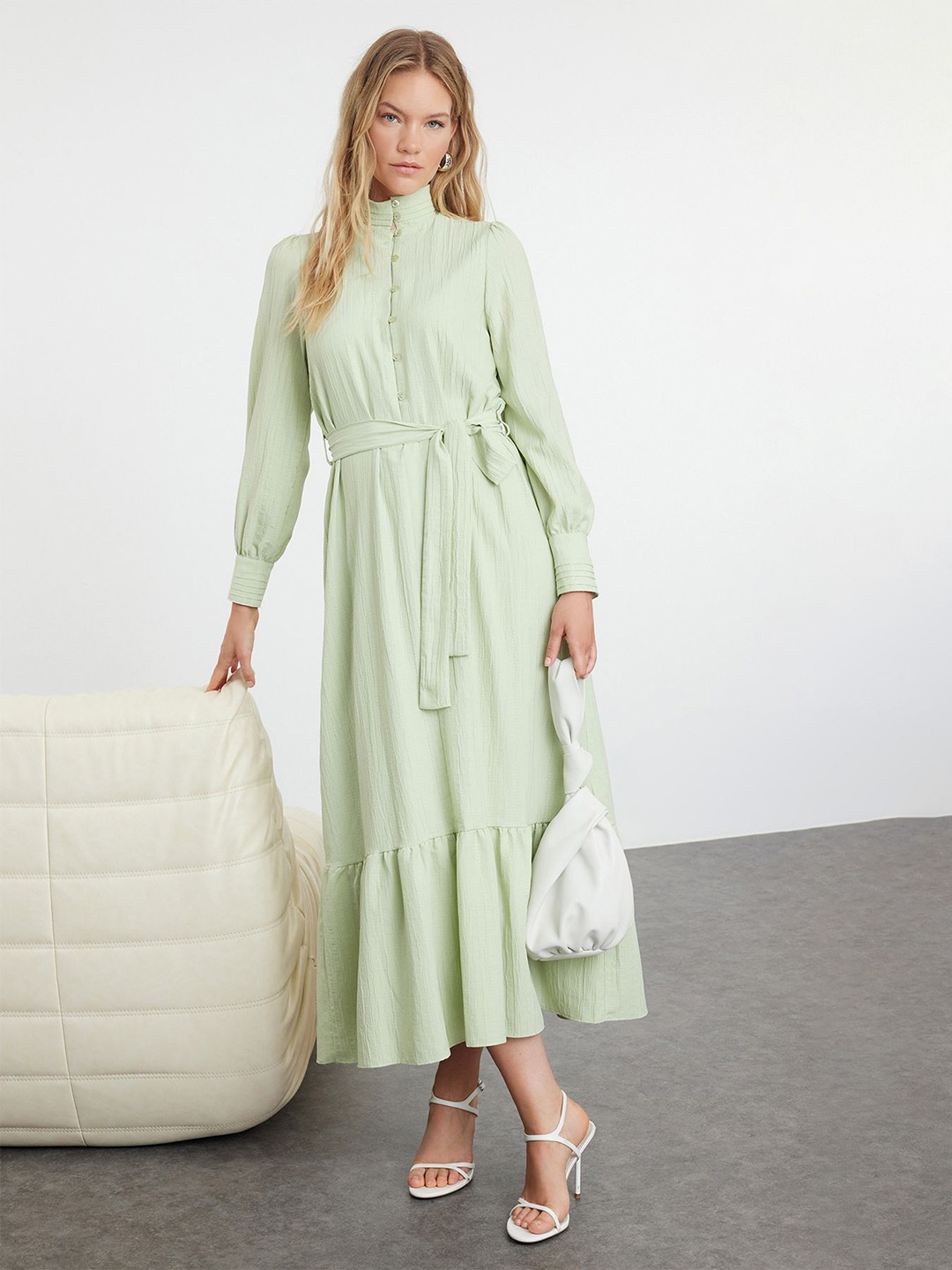 

Trendyol Women Maxi Solid Mandarin Collar Long Sleeves Dress, Lime green