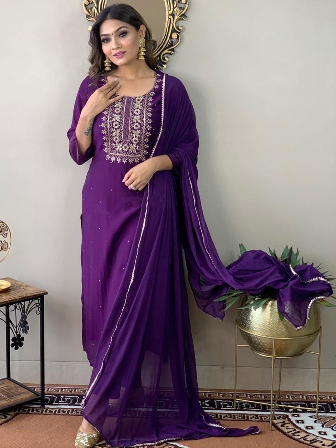 

CaniBani Floral Embroidered Sequinned Round Neck Straight Kurta with Trouser & dupatta, Violet