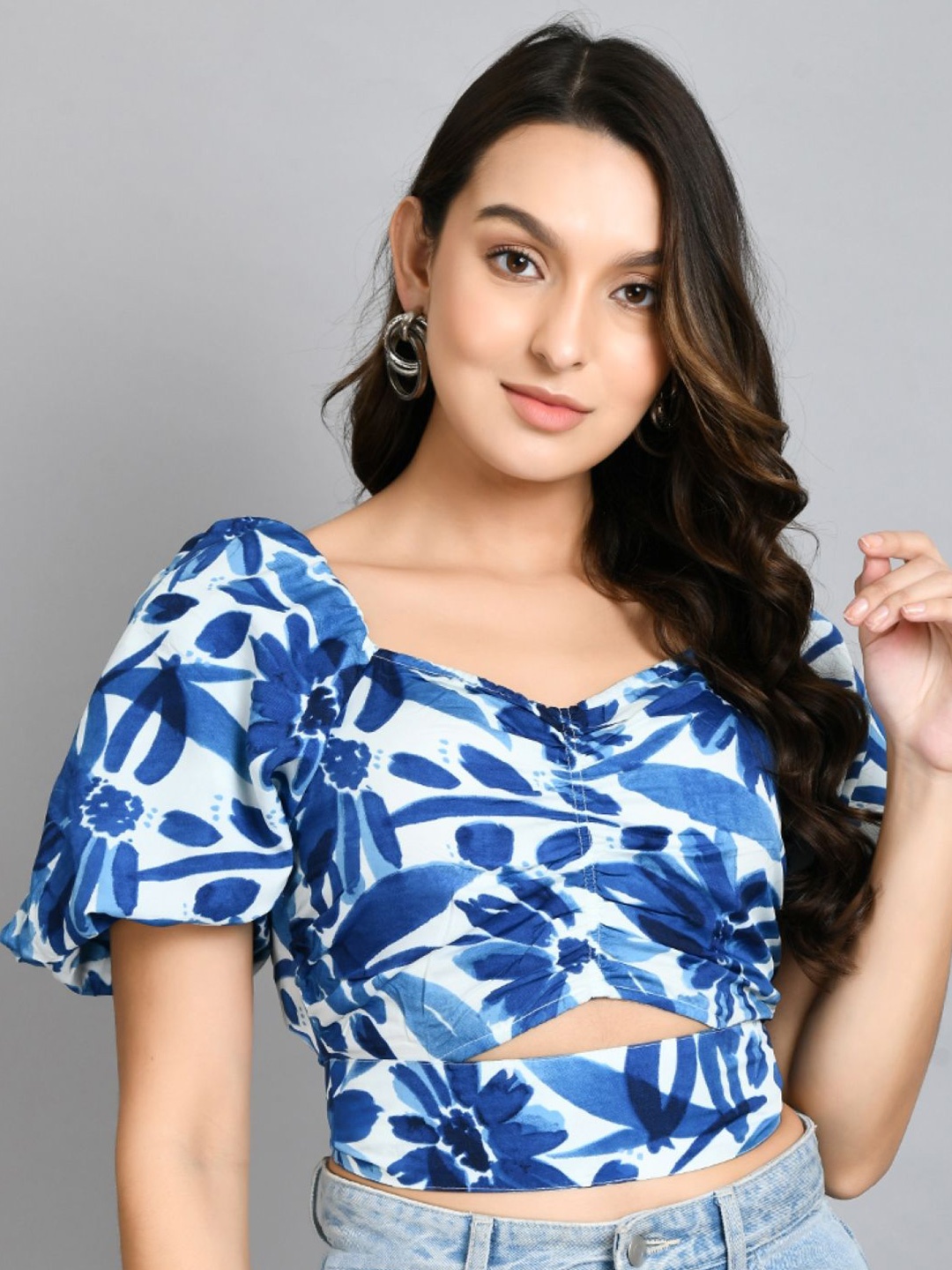 

PRETTY LOVING THING Print Sweetheart Neck Flared Sleeve Wrap Crop Top, Blue