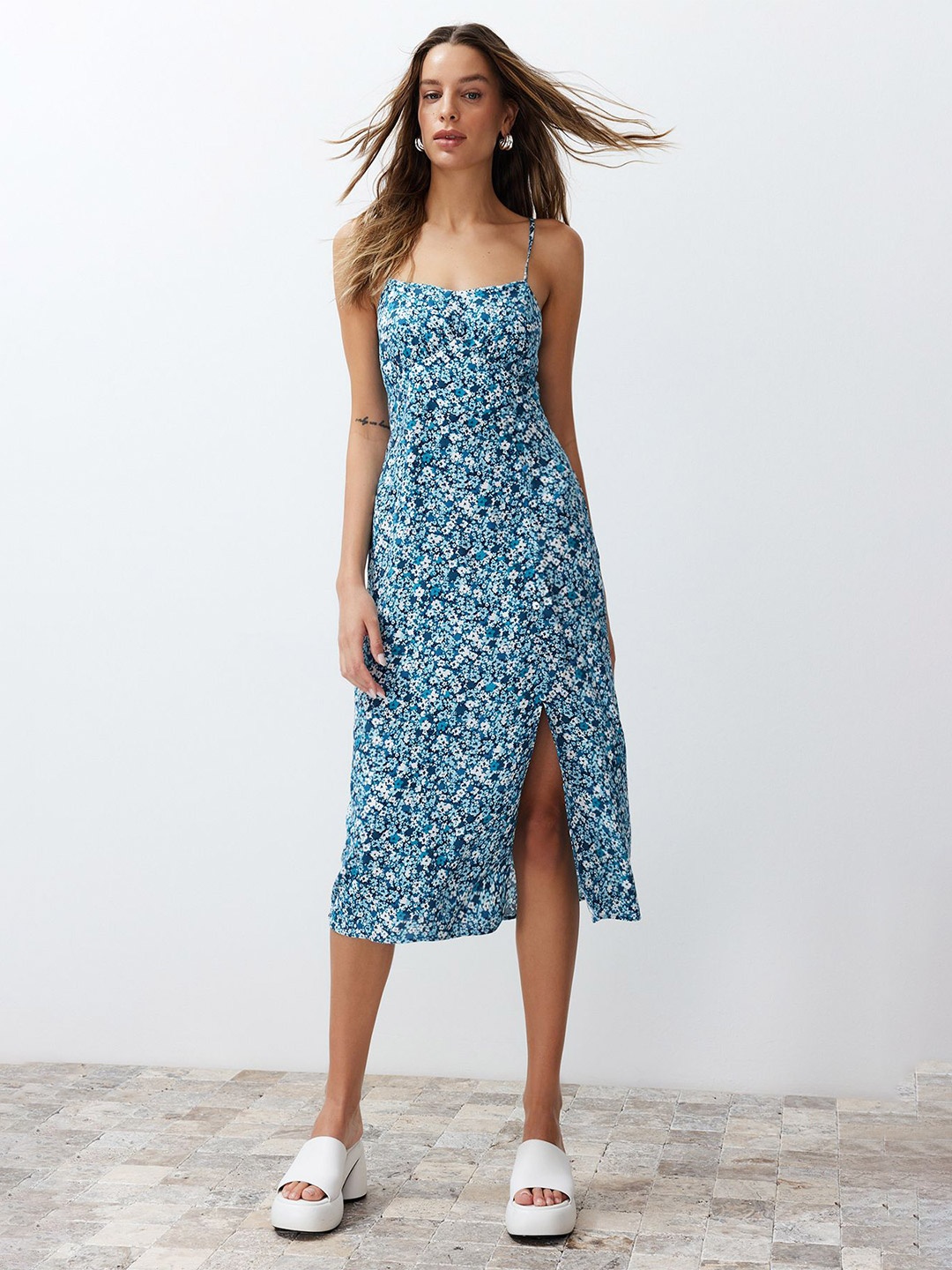 

Trendyol Floral Printed Sheath Midi Dress, Blue