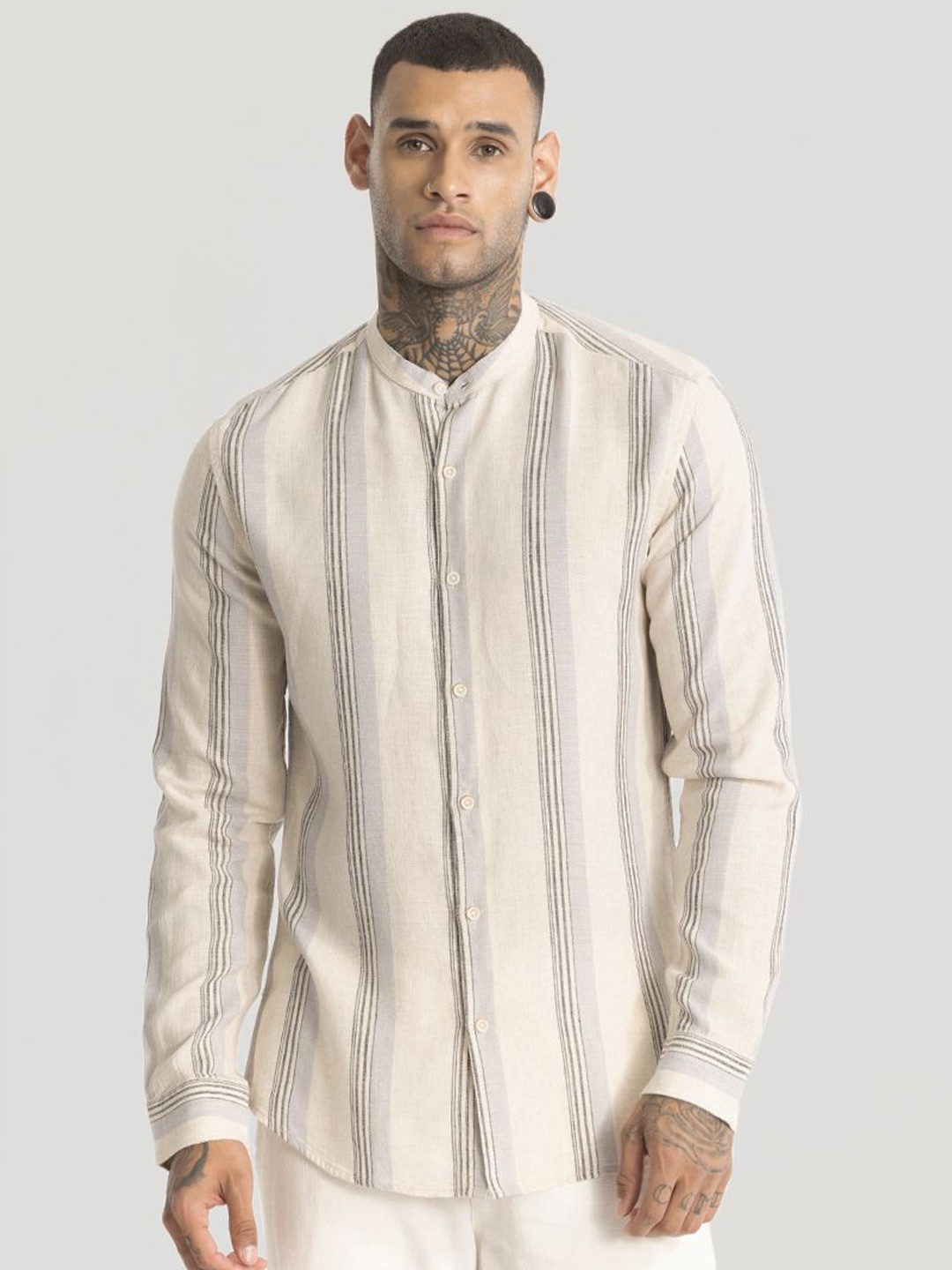 

Snitch Men Smart Slim Fit Opaque Striped Casual Shirt, Cream