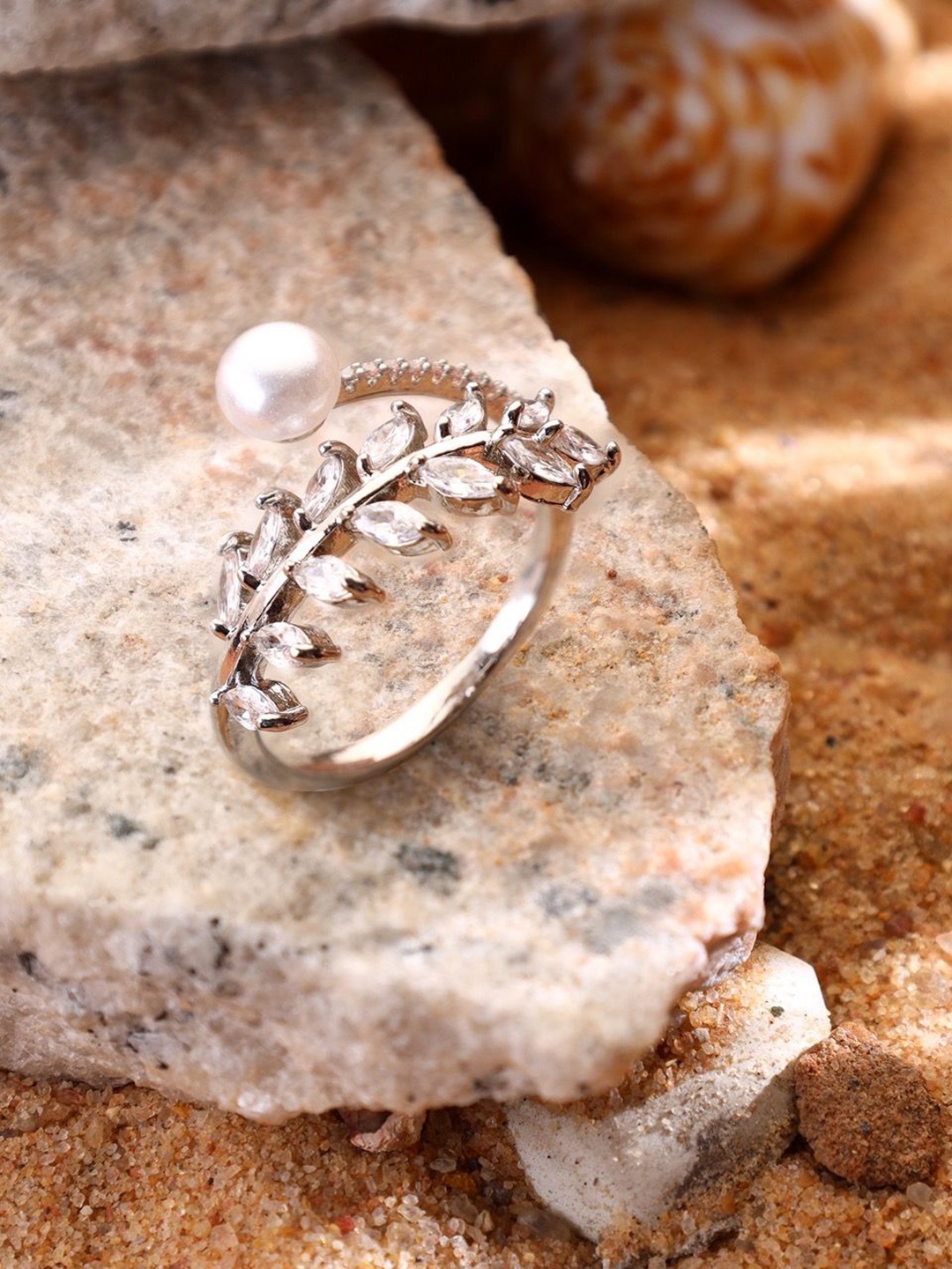 

KACY Silver-Plated Crystal Studded Finger Ring