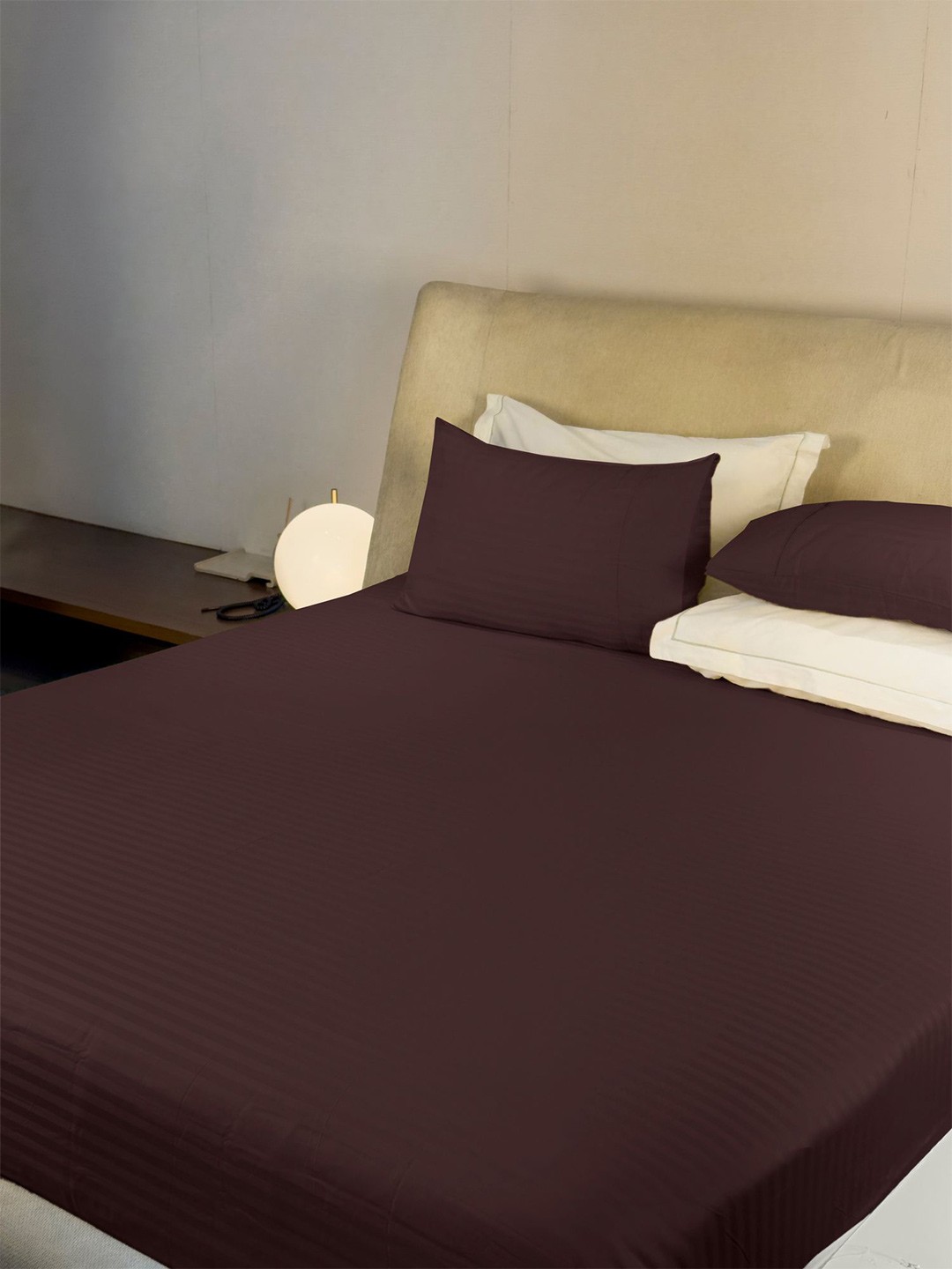 

LABHAM Simple Living Brown Striped 210 TC Satin King Bedsheet With 2 Pillow Covers