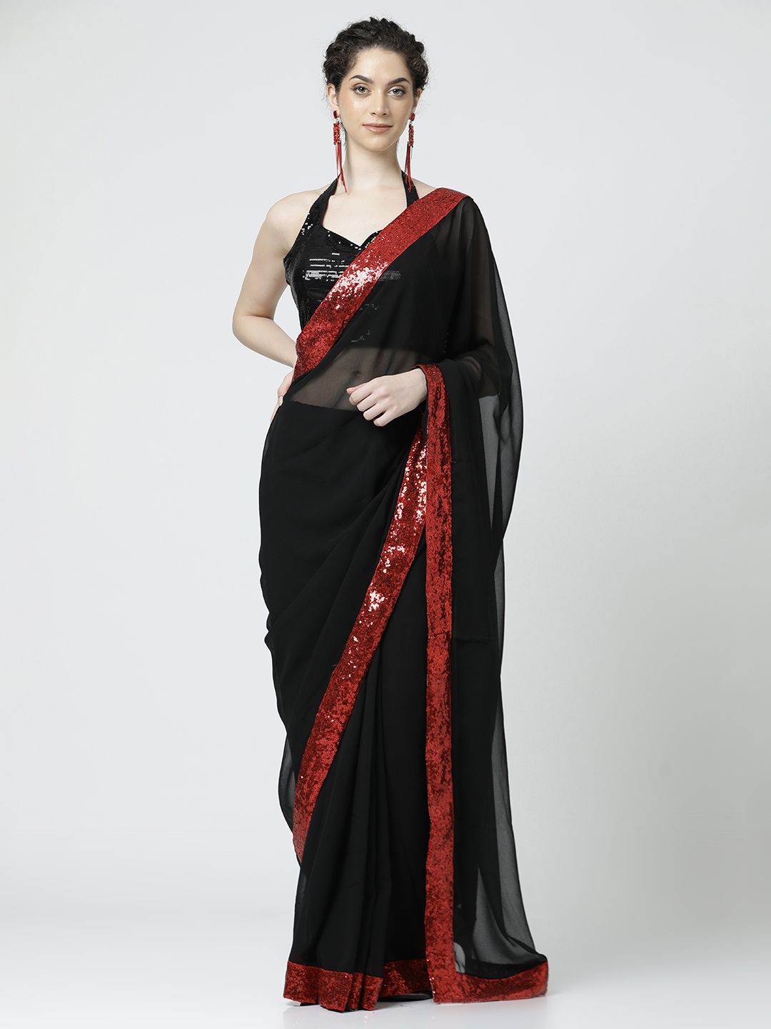 

Jaipur Kurti Sequinned Pure Georgette Saree, Black