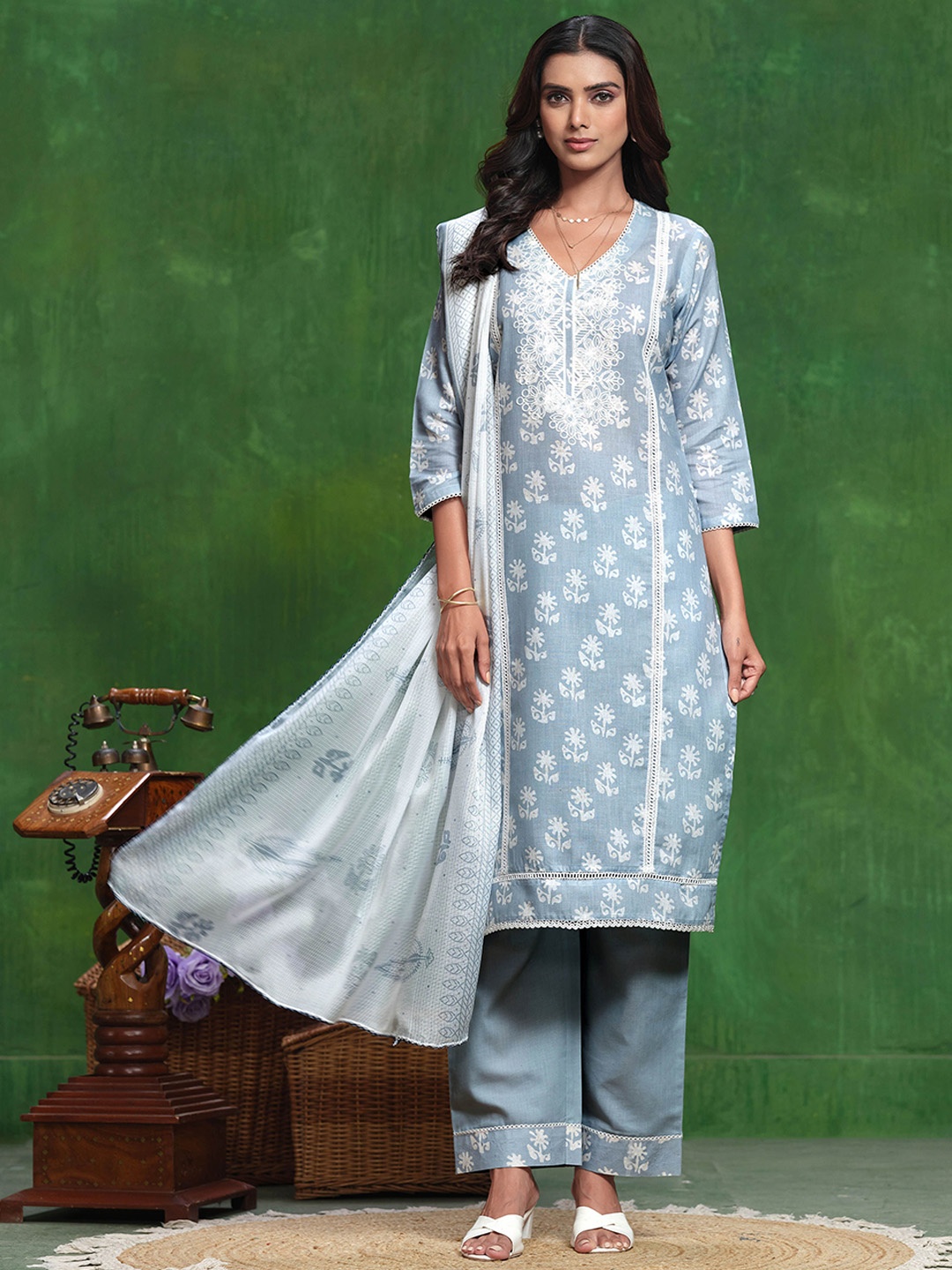 

Sangria Embroidered Pure Cotton Straight Kurta & Trouser With Dupatta, Blue