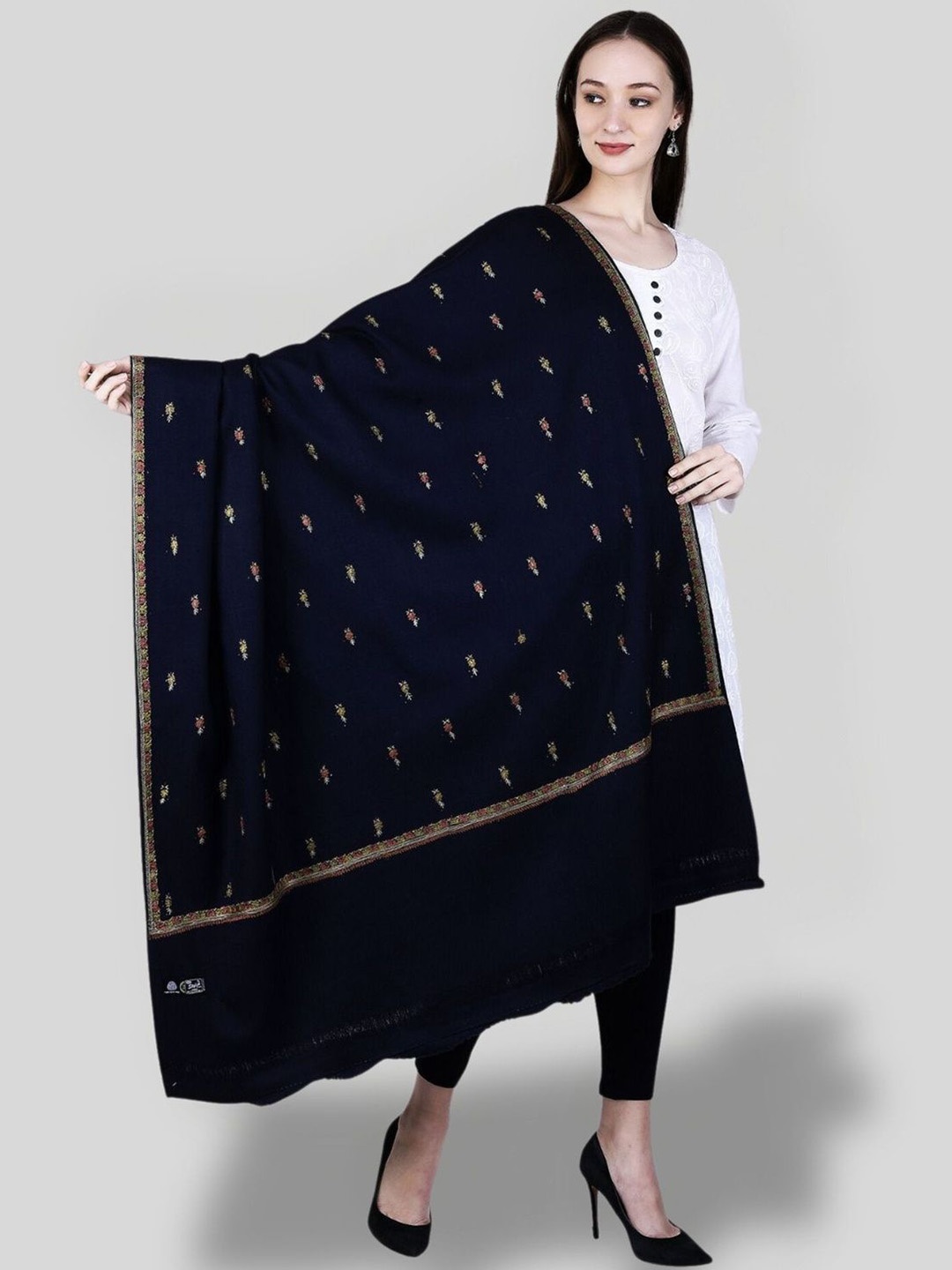 

SWI Stylish Ethnic Motifs Embroidered Woollen Shawl, Black