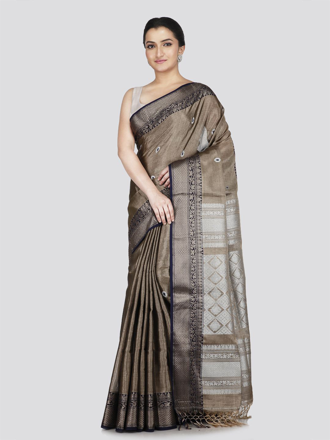 

PinkLoom Woven Design Zari Silk Cotton Kanjeevaram Saree, Brown