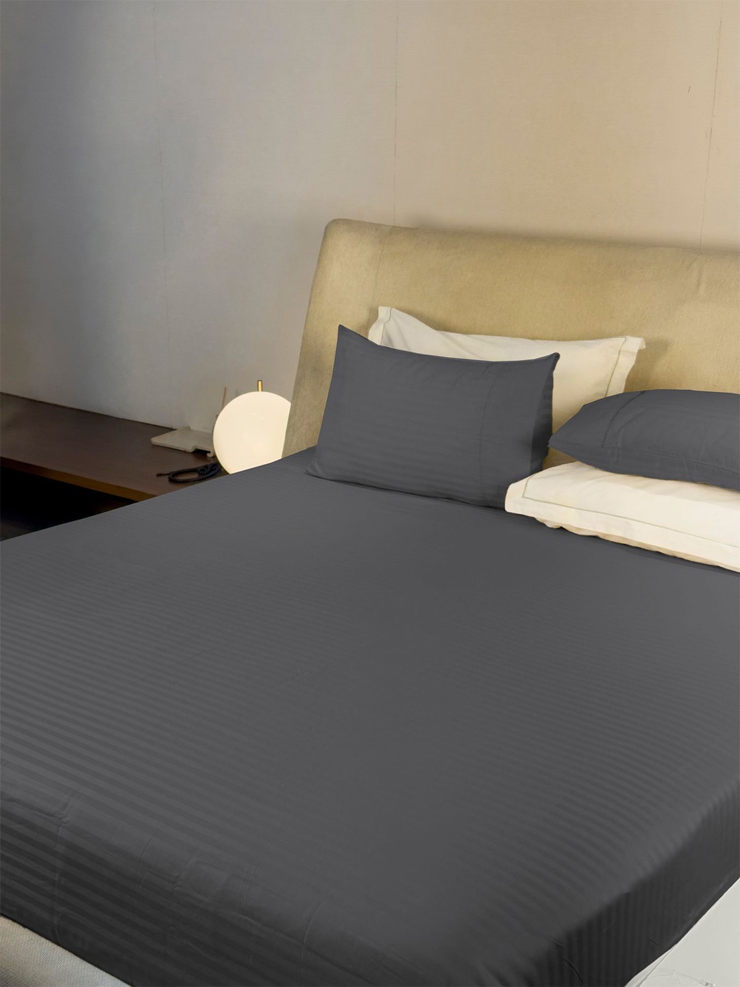 

LABHAM Simple Living Grey Striped 210 TC Satin King Bedsheet With 2 Pillow Covers