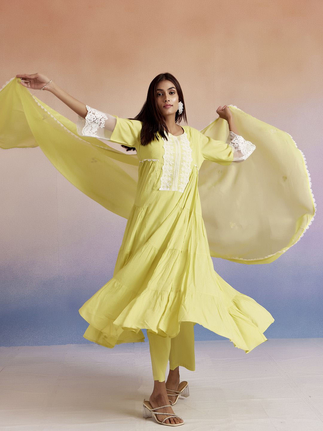 

Jaipur Kurti Embroidered Tiered Kurta Set With Dupatta, Lime green
