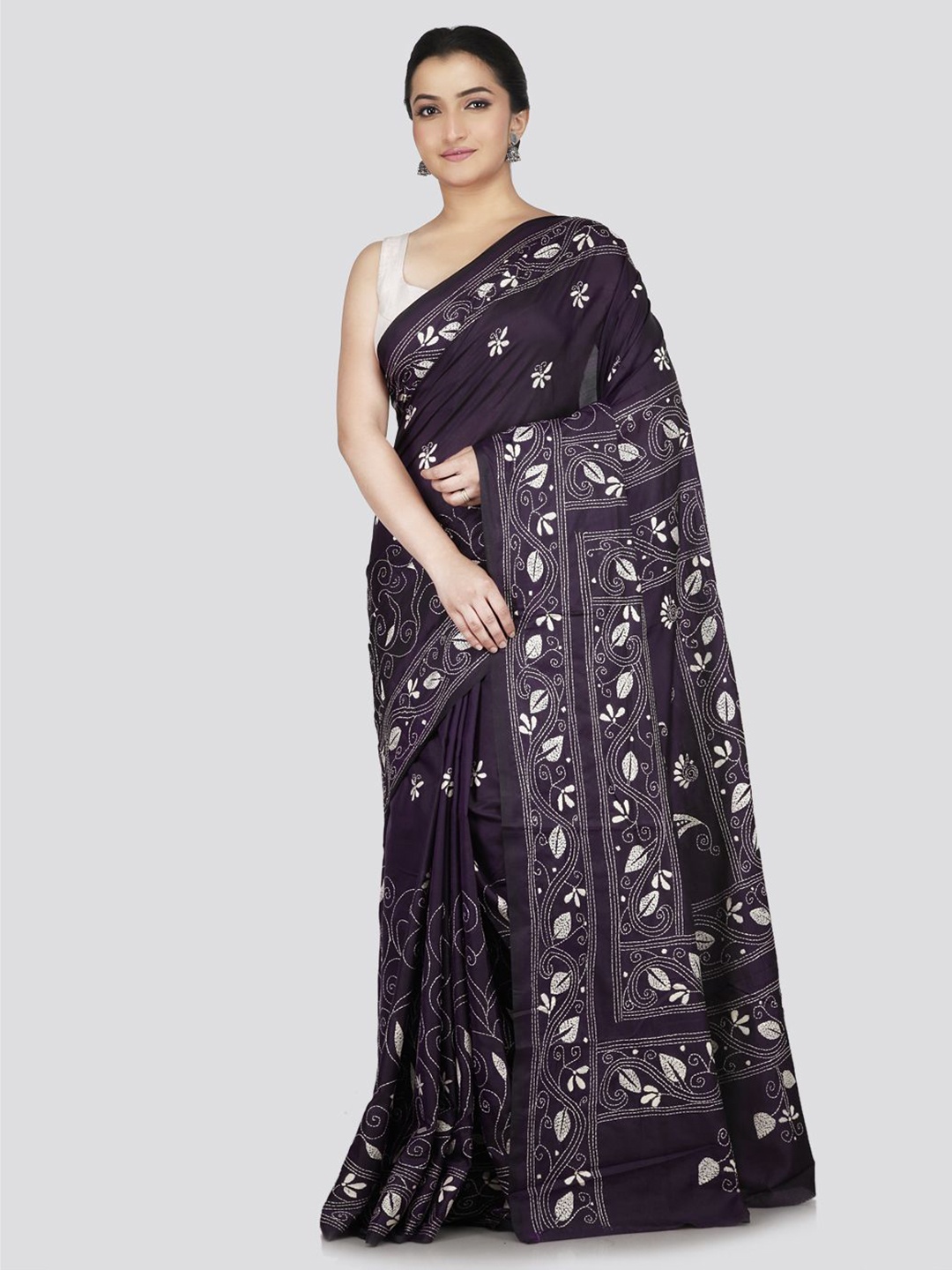 

PinkLoom Floral Kantha Work Pure Silk Saree, Blue