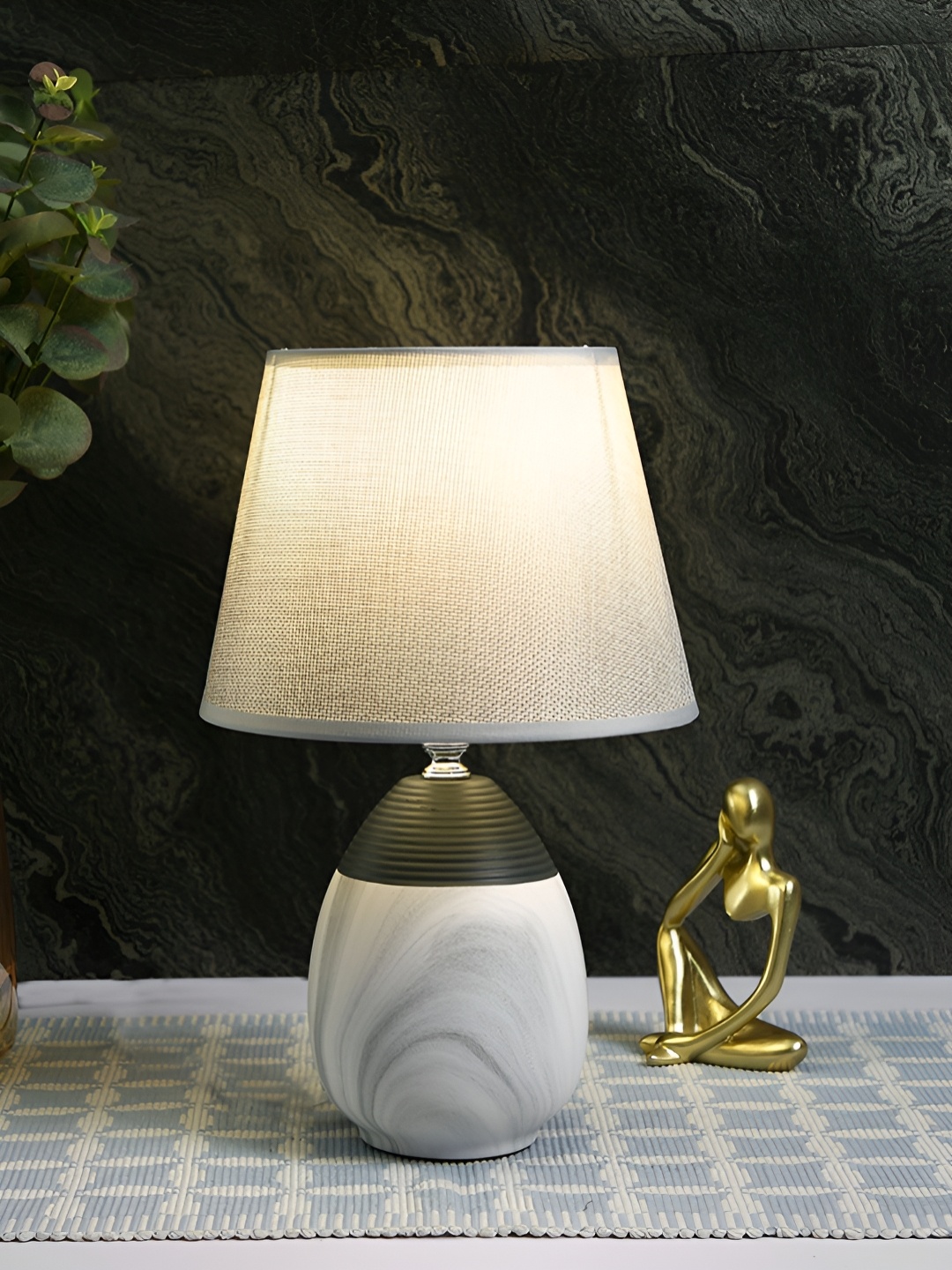 

TAYHAA Grey & Off White Printed Ceramic Contemporary Frustum Shaped Table Lamp