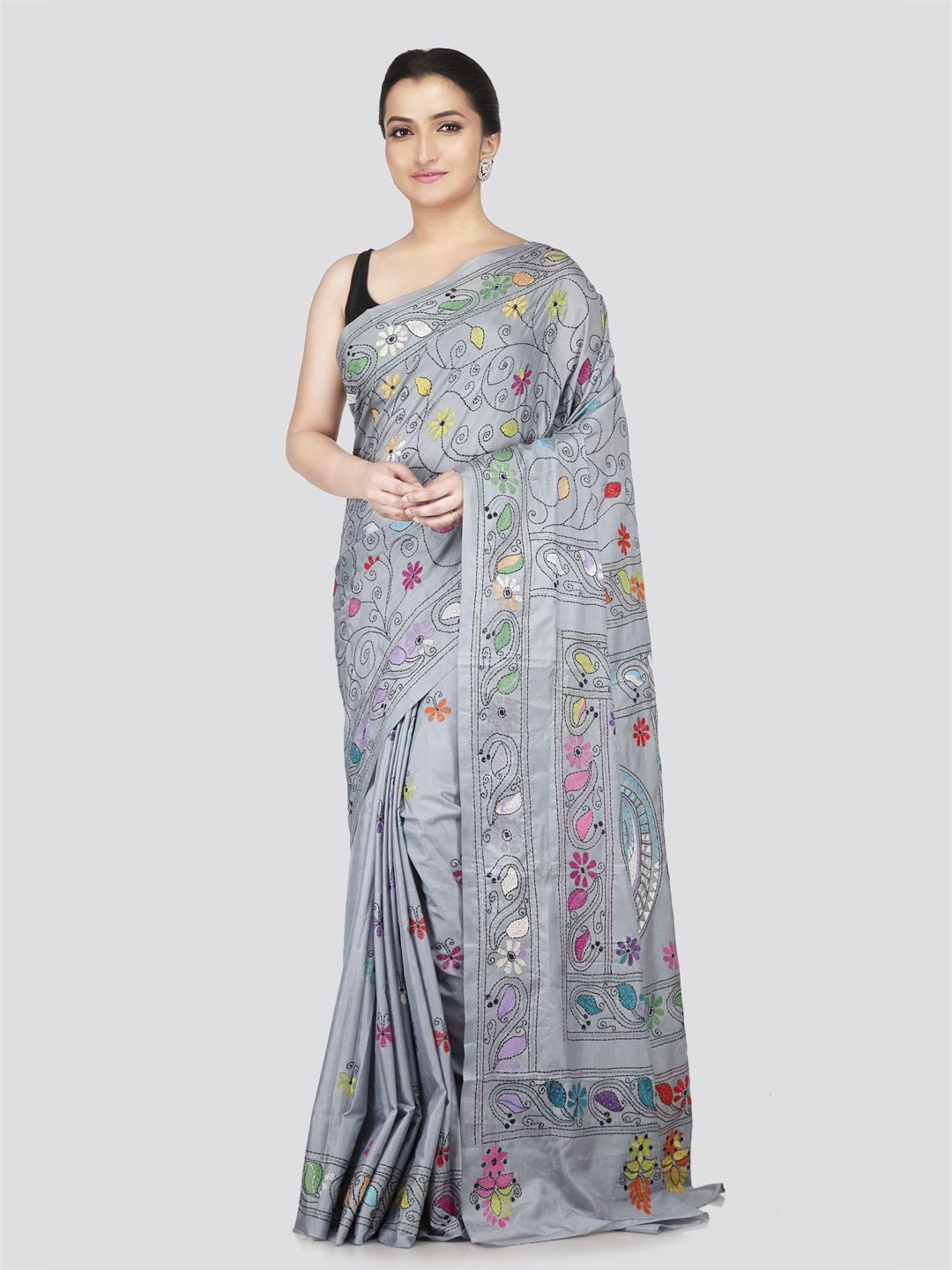 

PinkLoom Floral Embroidered Kantha Work Pure Silk Saree, Grey