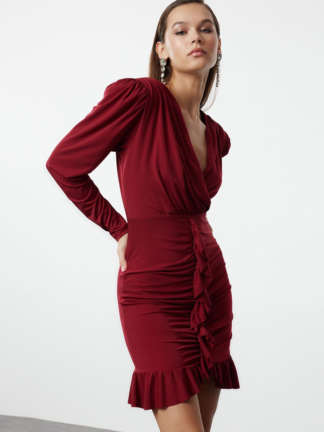 

Trendyol Puff Sleeve Bodycon Dress, Maroon