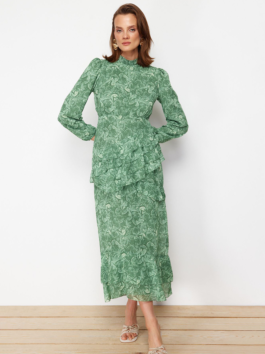 

Trendyol Floral Printed Bell Sleeve Maxi Dress, Green