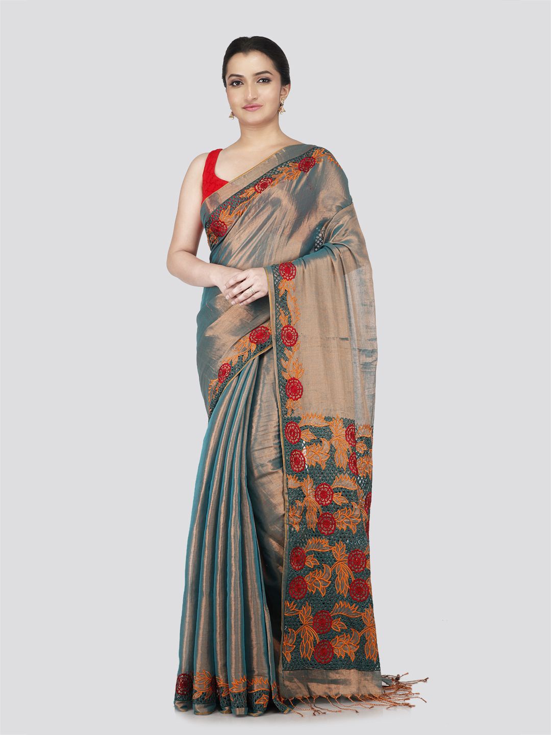 

PinkLoom Floral Embroidered Silk Cotton Saree, Green