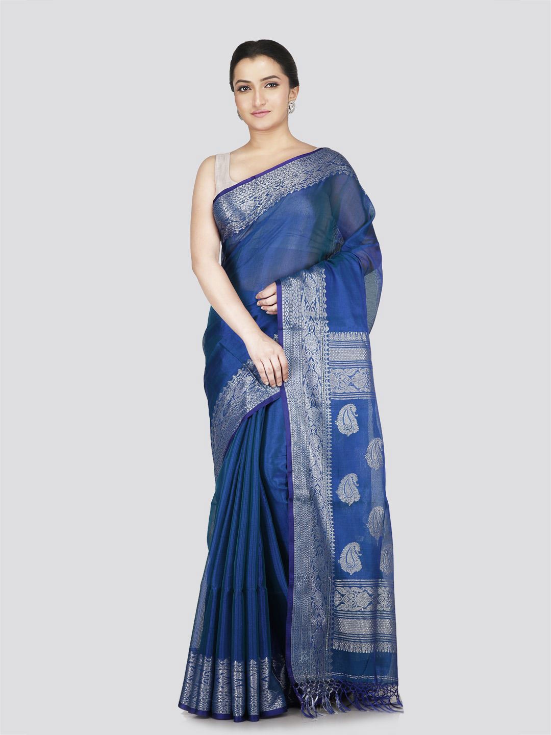 

PinkLoom Woven Design Zari Silk Cotton Kanjeevaram Saree, Blue