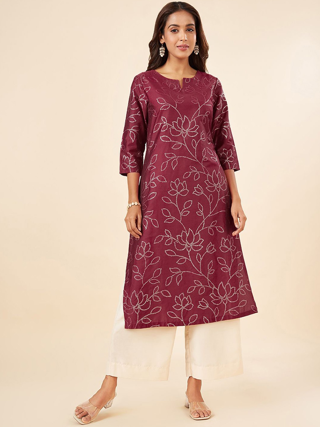 

RANGMANCH BY PANTALOONS Floral Printed Notch Neck A Line Kurta, Maroon