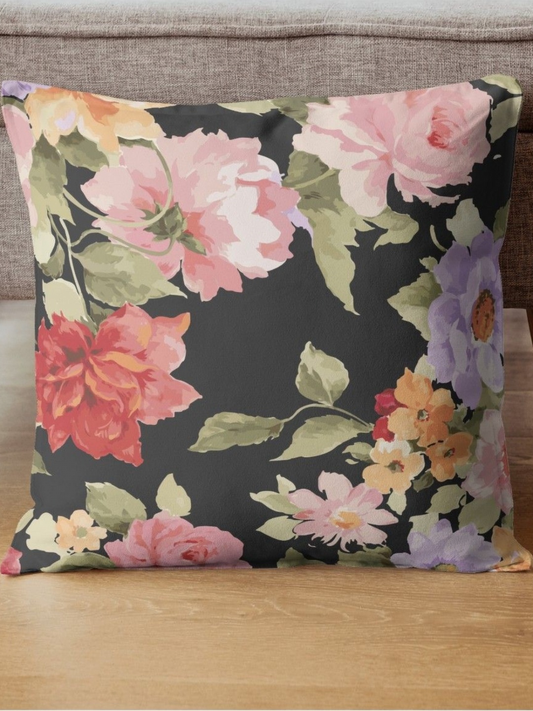 

THEYAYACAFE Green & Pink Floral Square Cushion Cover