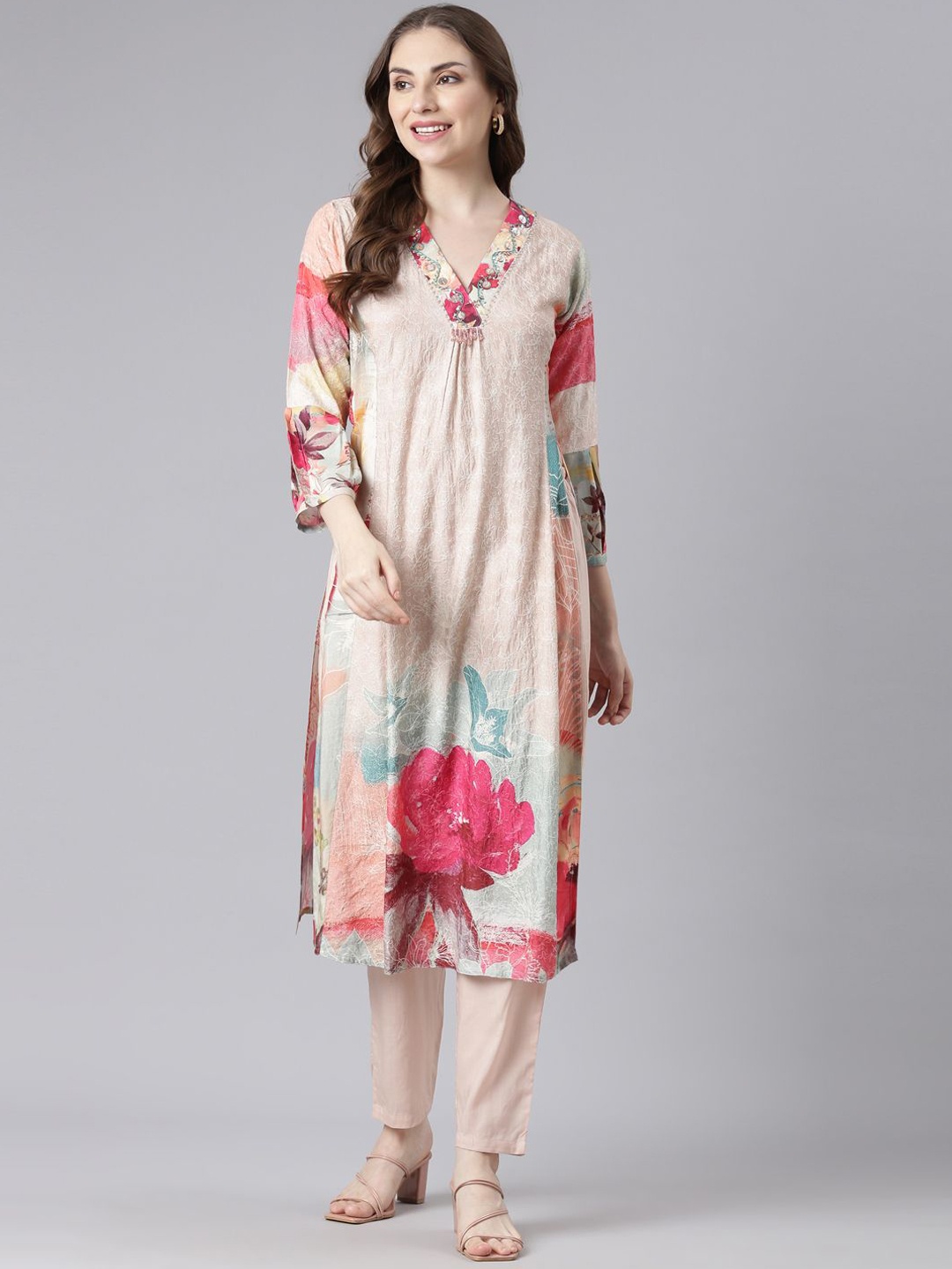 

Neerus Floral Printed Panelled Sequinned Straight Kurta with Trousers, Beige