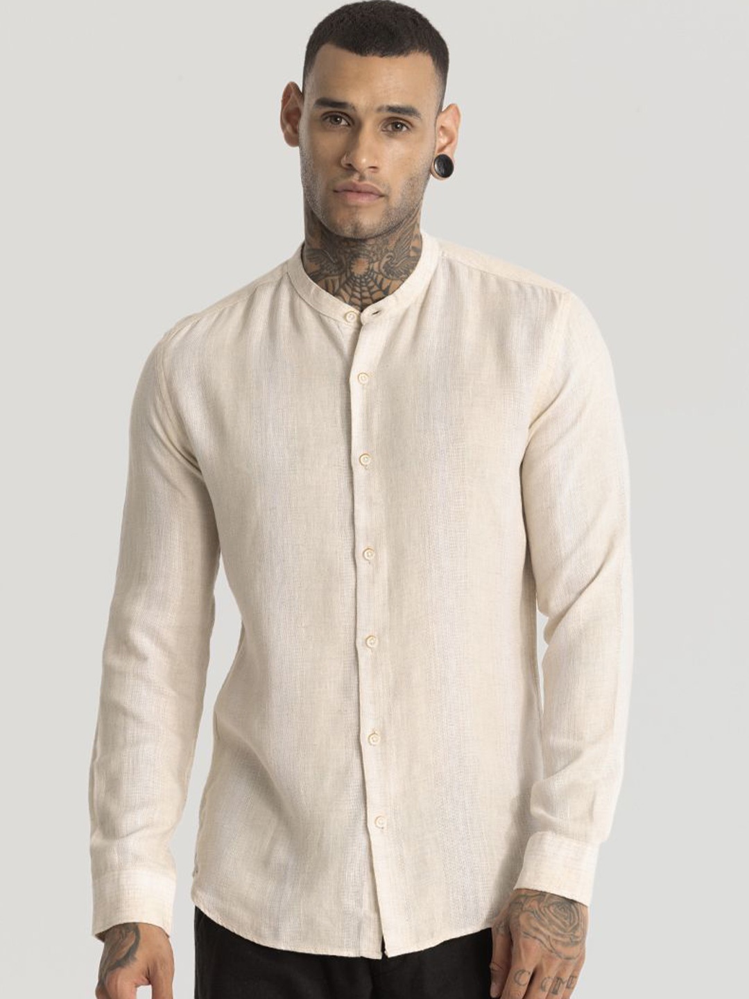 

Snitch Men Smart Slim Fit Opaque Striped Casual Shirt, Cream