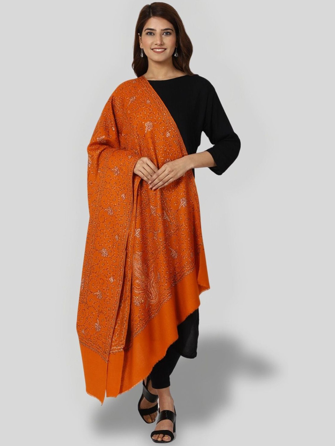 

SWI Stylish Floral Embroidered Pure Woollen Shawl, Rust