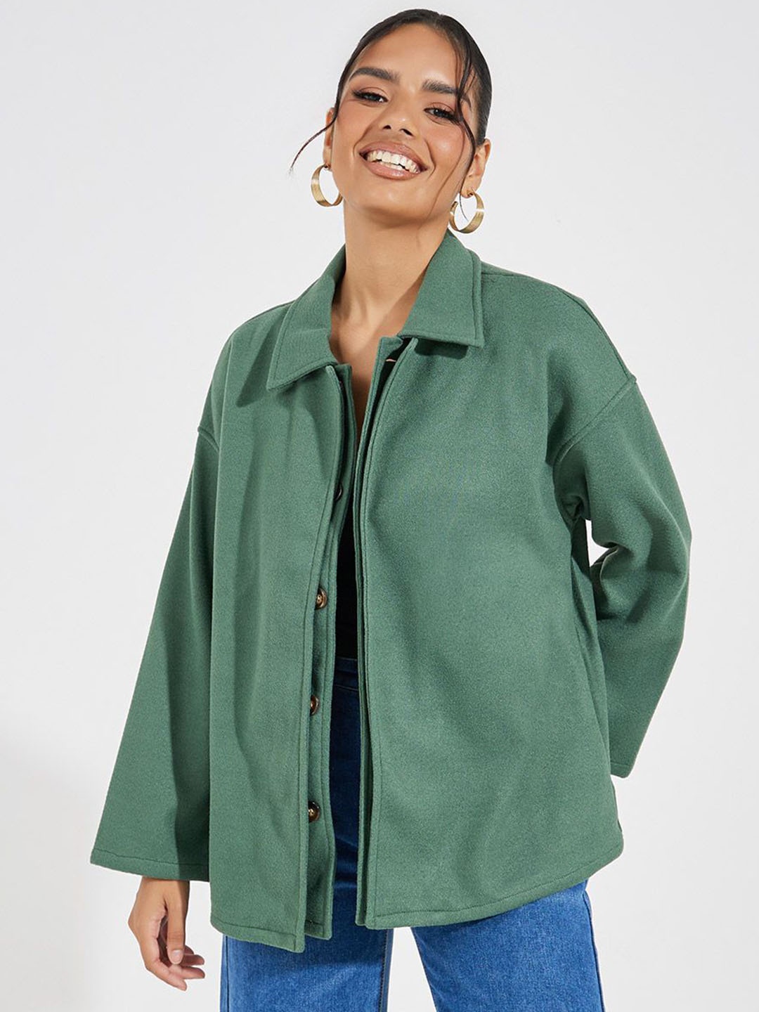 

Styli Women Oversized Fit Long Length Mock Double Layer Jacket, Green
