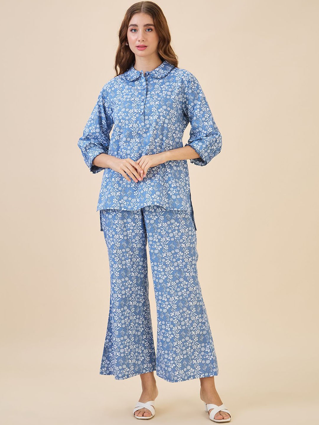 

AV2 Printed Shirt Collar Pure Cotton Tunic With Trouser, Blue