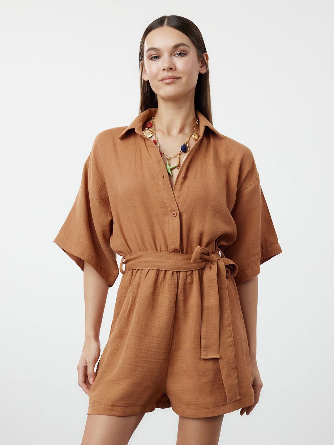 

Trendyol Women Solid Shirt Collar Short Sleeves Dress, Brown