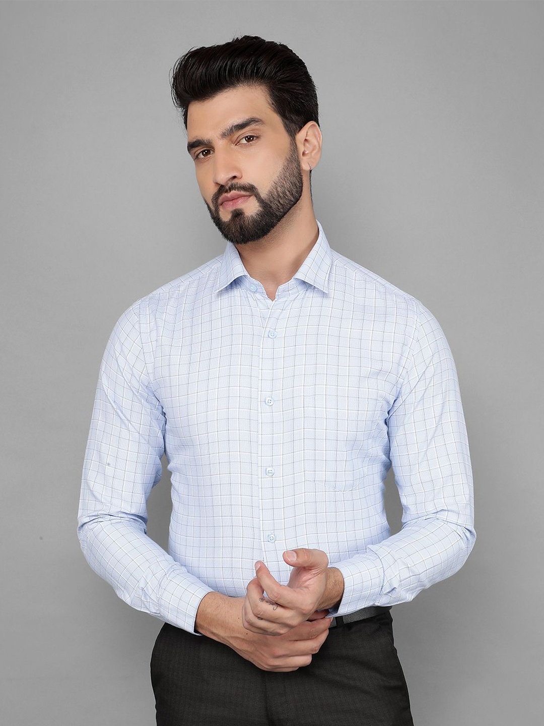 

COBB Men Opaque Checked Formal Shirt, Blue