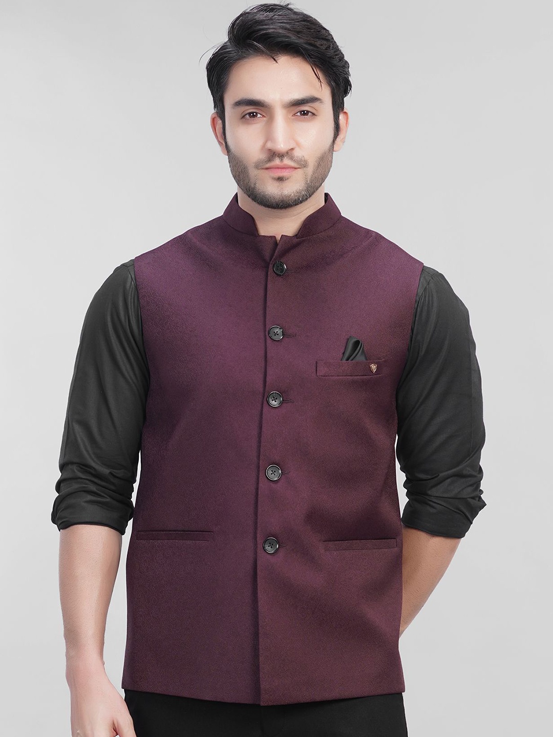 

LA'SCOOT Printed Regular Fit Nehru Jacket, Maroon