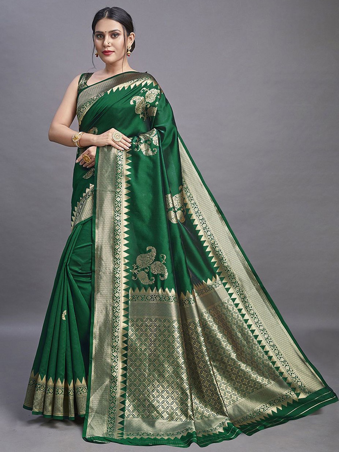 

LEAFFEB Woven Design Zari Pure Silk Banarasi Saree, Green