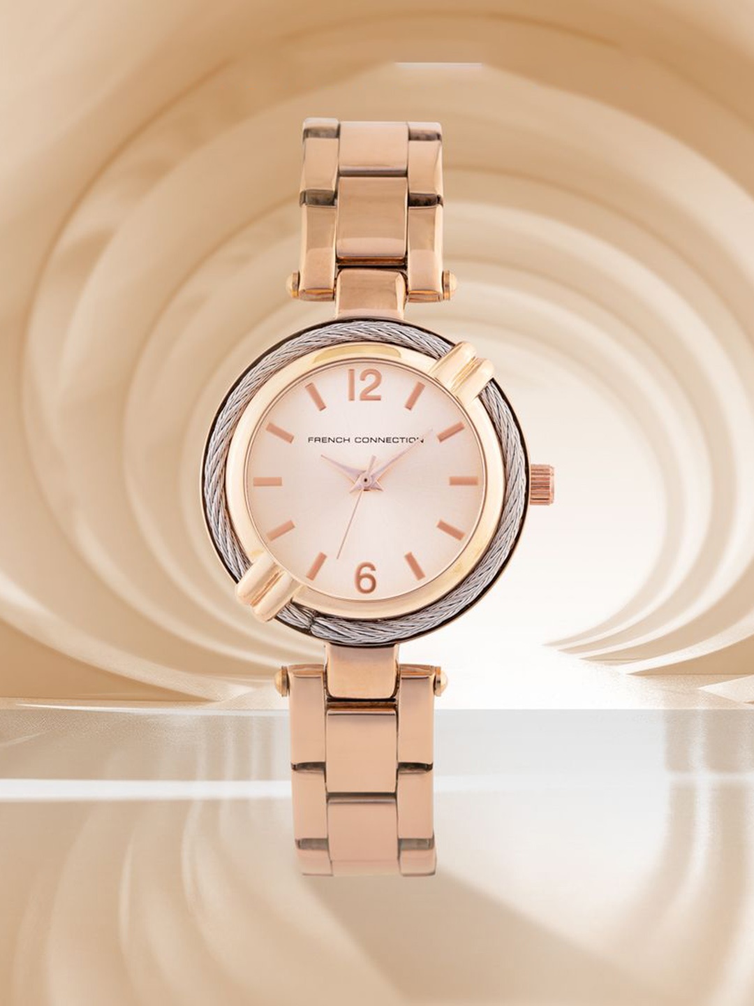 

French Connection Women Patterned Dial & Stainless Steel Bracelet Style Straps Analogue Watch FCW12RGM, White