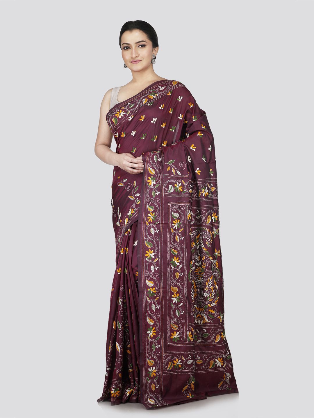 

PinkLoom Floral Kantha Work Pure Silk Heavy Work Saree, Maroon