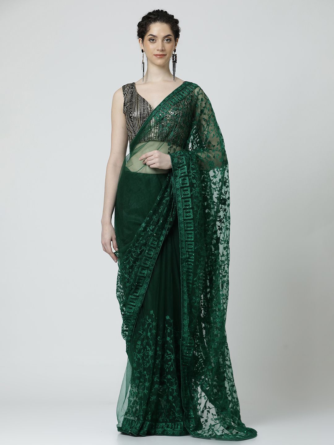 

Jaipur Kurti Floral Embroidered Net Saree, Green