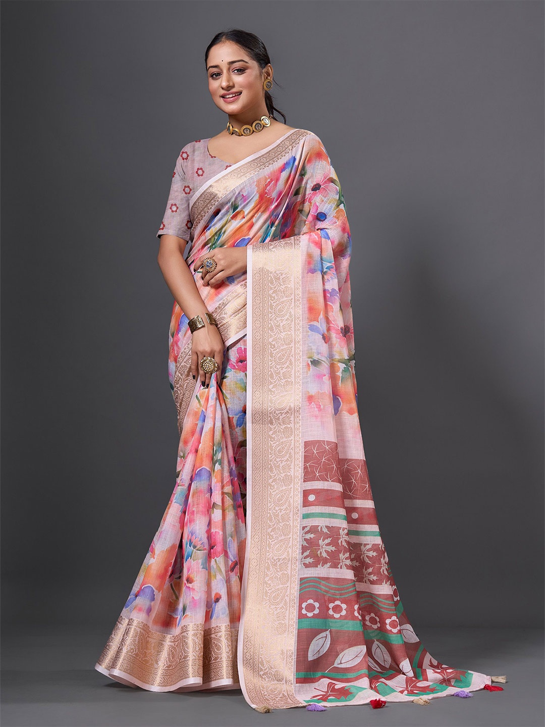 

HEER FASHION Floral Printed Zari Saree, Pink