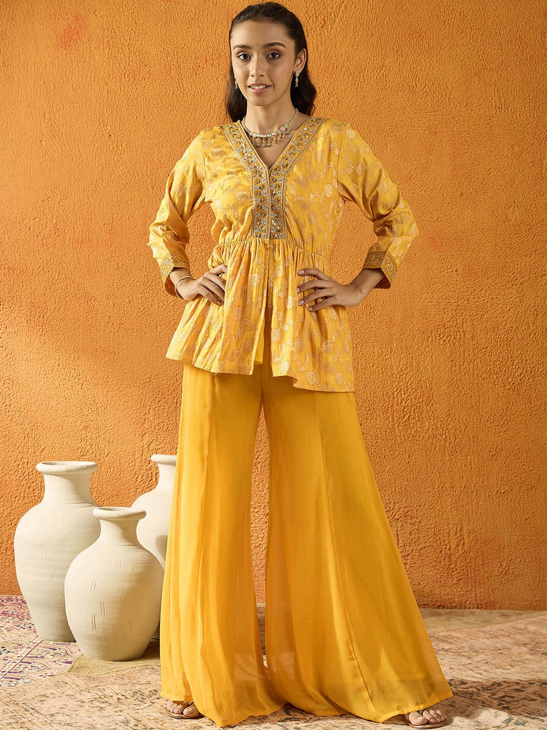 

Noh.Voh - SASSAFRAS Kids Girls Embellished Brocade Peplum Top with Palazzos, Yellow