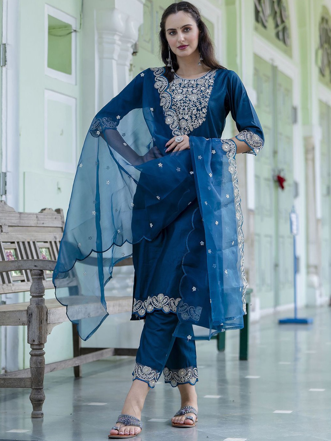 

VredeVogel Floral Embroidered Sequinned Straight Kurta With Trousers & Dupatta, Teal