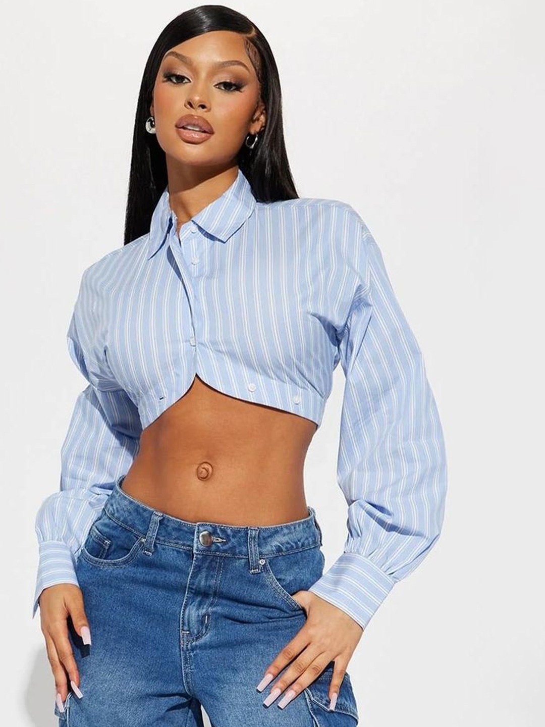 

LULU & SKY Striped Shirt Style Crop Top, Blue